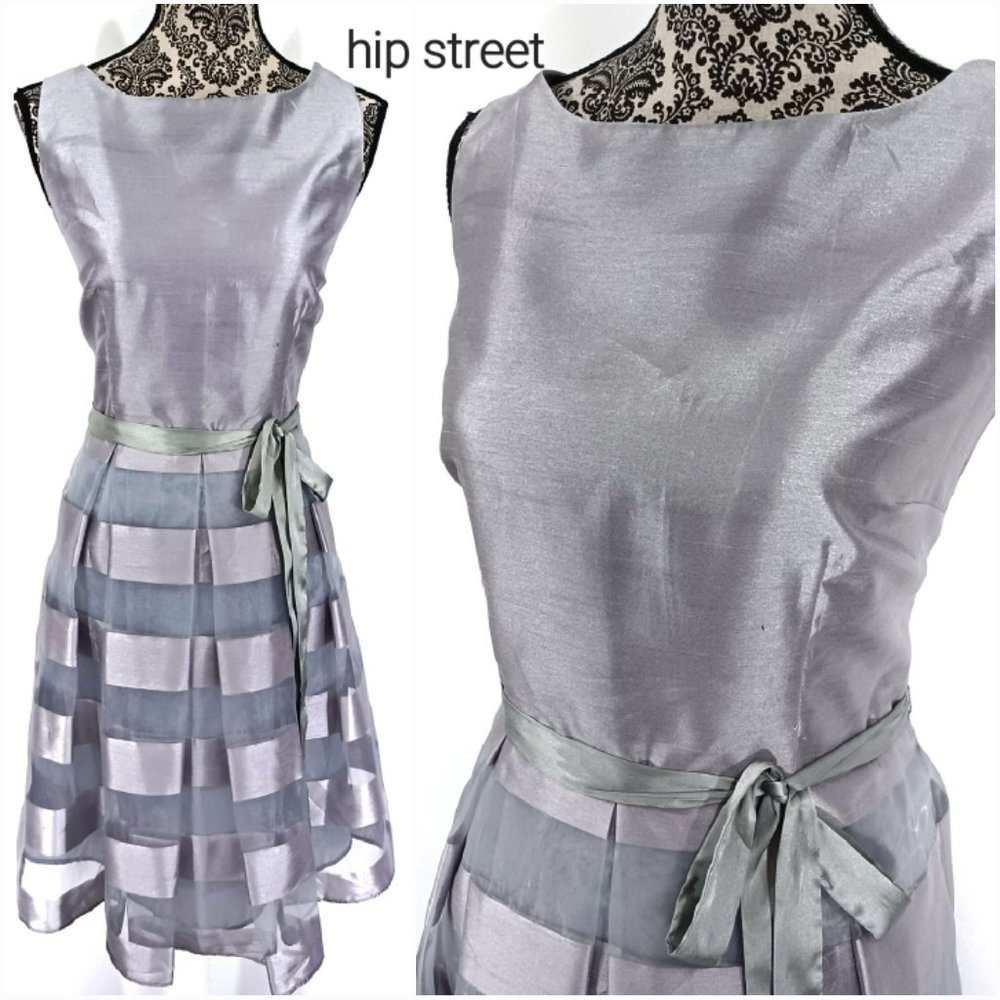 J TAYLOR Dress Sheer & Satin Stripe Pleated Skirt Sleeveless Iridescent Party 12